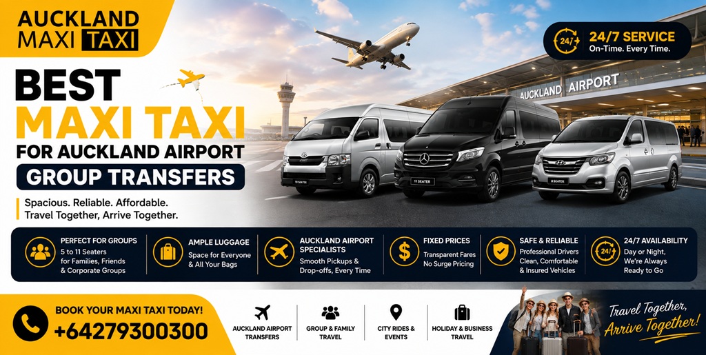 Best maxi taxi for Auckland Airport group transfers, featuring 5–11 seater vehicles, ample luggage space, fixed prices, 24/7 availability and reliable airport service.