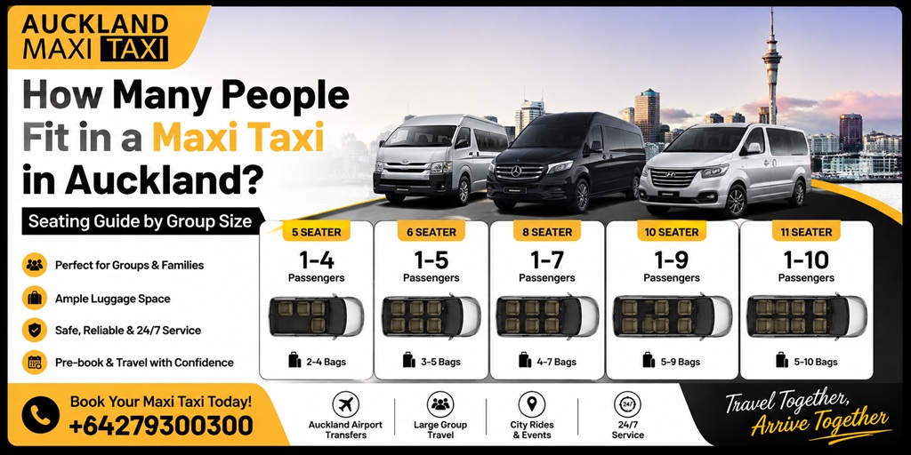 How many people fit in a maxi taxi in Auckland? Seating guide for 5, 6, 8, 10 and 11-seater maxi taxis, with Auckland Airport transfers and group travel.