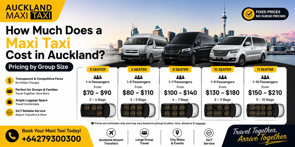 How much does a maxi taxi cost in Auckland? Pricing guide by group size for 5, 6, 8, 10 and 11-seater maxi taxis, with airport transfers, luggage and 24/7 service.