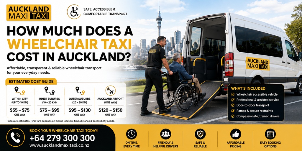 Wheelchair taxi in Auckland showing an accessible maxi van with a wheelchair ramp, estimated wheelchair taxi costs, door-to-door transport, assisted service and booking information.