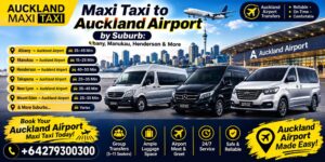Maxi taxi to Auckland Airport by suburb, featuring Albany, Manukau, Henderson, Takapuna, New Lynn and Mount Eden, with group transfers, luggage space and 24/7 airport service.