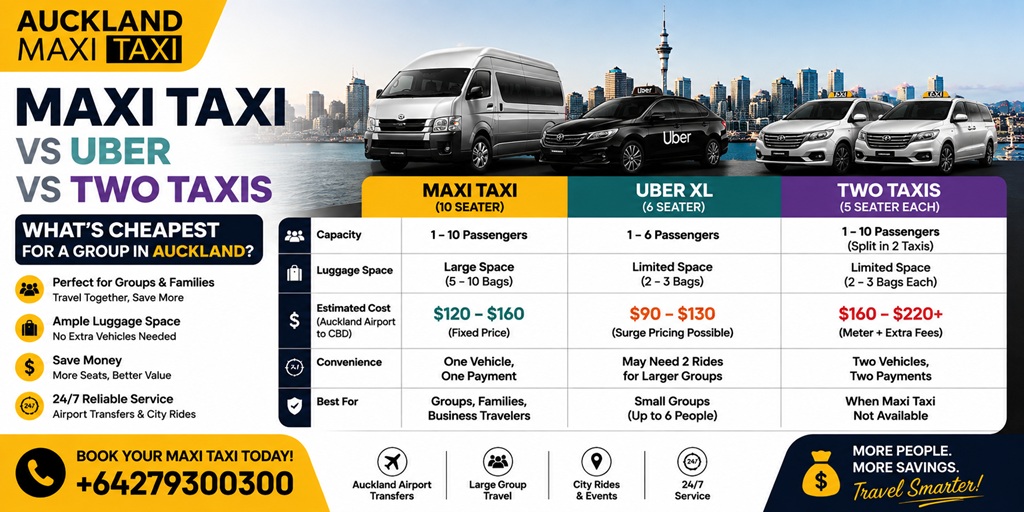 Maxi Taxi vs Uber vs two taxis in Auckland, comparing group capacity, luggage space, estimated cost, convenience and airport transfer options.