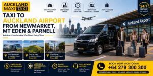 Taxi to Auckland Airport from Newmarket, Mt Eden and Parnell, featuring Auckland Maxi Taxi, fixed prices, 24/7 service, flight monitoring, luggage space and professional airport transfers.
