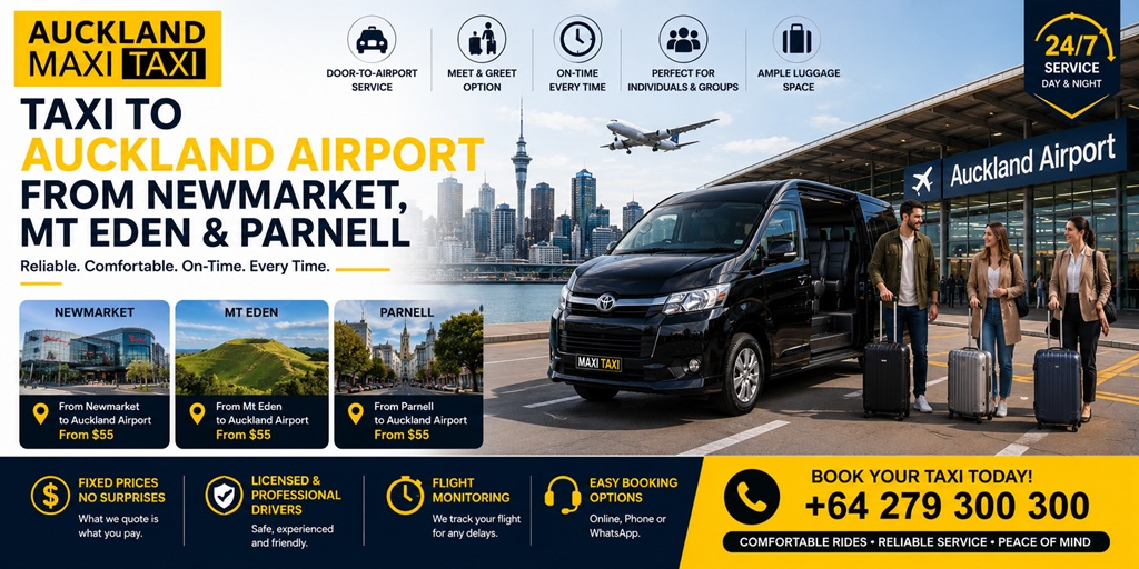 Taxi to Auckland Airport from Newmarket, Mt Eden and Parnell, featuring Auckland Maxi Taxi, fixed prices, 24/7 service, flight monitoring, luggage space and professional airport transfers.