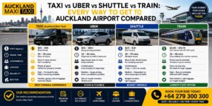 Taxi vs Uber vs shuttle vs train to Auckland Airport, comparing cost, travel time, convenience, luggage capacity and reliability, with Auckland Maxi Taxi highlighted for group travel.