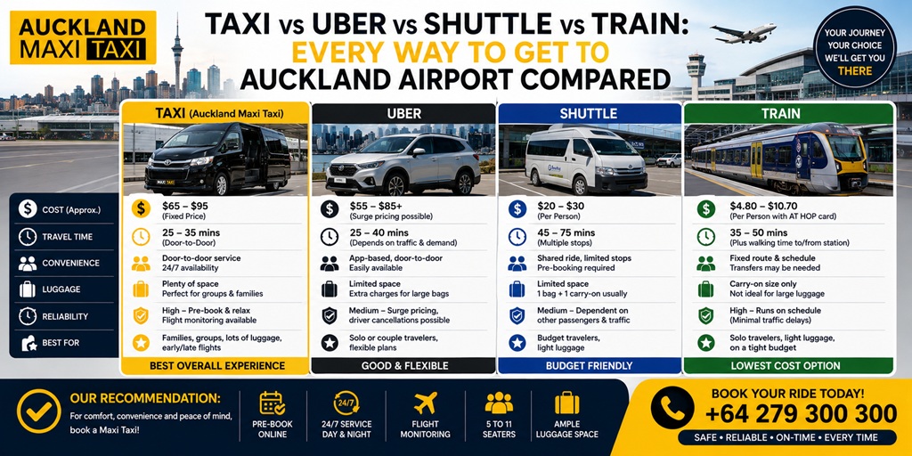 Taxi vs Uber vs shuttle vs train to Auckland Airport, comparing cost, travel time, convenience, luggage capacity and reliability, with Auckland Maxi Taxi highlighted for group travel.