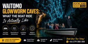 Waitomo Glowworm Caves boat ride in New Zealand, showing visitors on a guided underground boat tour beneath thousands of glowing blue-green glowworms.