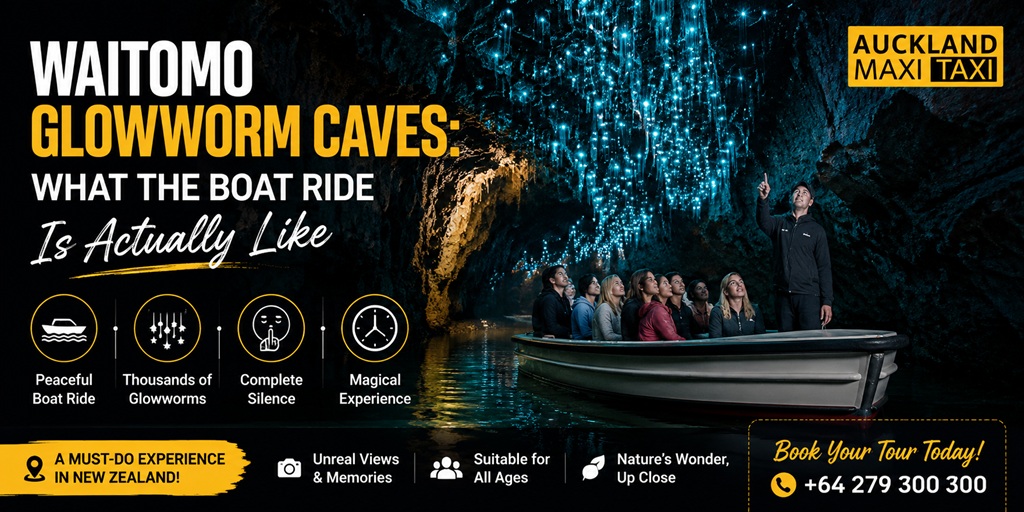 Waitomo Glowworm Caves boat ride in New Zealand, showing visitors on a guided underground boat tour beneath thousands of glowing blue-green glowworms.