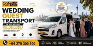 Wedding guest transport in Auckland with a white maxi taxi van and wedding guests, offering group shuttle and door-to-door transportation for weddings, events and group travel.