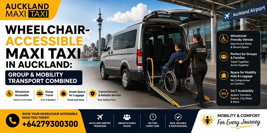 Wheelchair-accessible maxi taxi in Auckland for group and mobility transport, featuring accessible vehicle access, wheelchair space, luggage capacity, trained drivers and airport transfers.