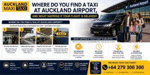 Where to find a taxi at Auckland Airport and what happens if your flight is delayed, featuring Auckland Maxi Taxi, airport taxi-rank directions, flight monitoring, driver waiting service and 24/7 pre-booked transfers.