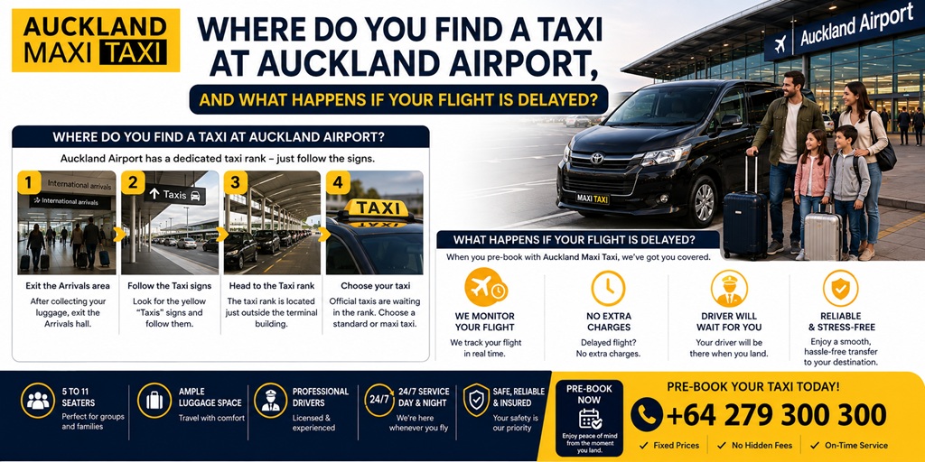 Where to find a taxi at Auckland Airport and what happens if your flight is delayed, featuring Auckland Maxi Taxi, airport taxi-rank directions, flight monitoring, driver waiting service and 24/7 pre-booked transfers.