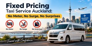 Fixed pricing taxi service Auckland with no meter, no surge pricing, Auckland Airport transfers, Sky Tower and white taxi van.