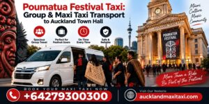 Poumatua Festival taxi and maxi taxi transport to Auckland Town Hall, featuring group travel, a spacious white maxi taxi, Auckland Town Hall, Sky Tower, festival attendees, phone number +64 279 300 300 and aucklandmaxitaxi.com
