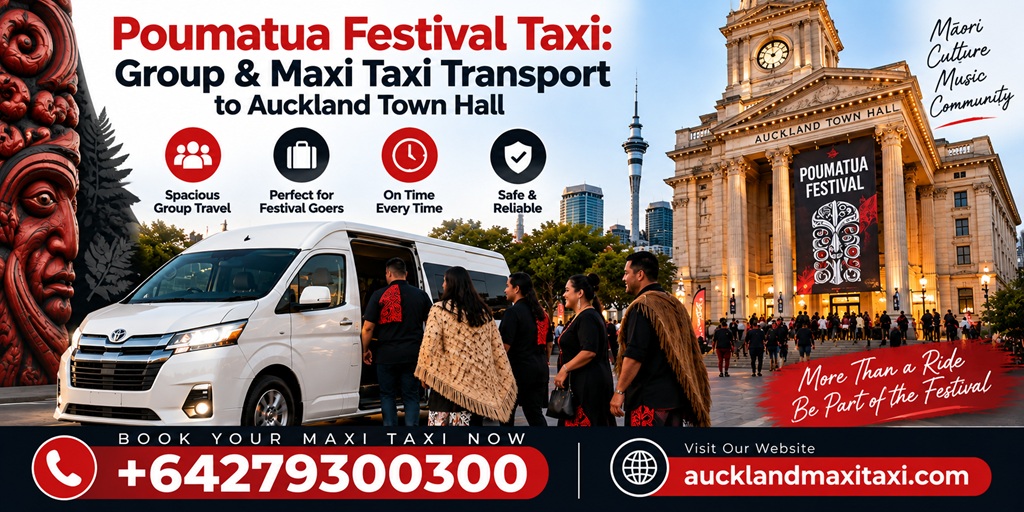 Poumatua Festival taxi and maxi taxi transport to Auckland Town Hall, featuring group travel, a spacious white maxi taxi, Auckland Town Hall, Sky Tower, festival attendees, phone number +64 279 300 300 and aucklandmaxitaxi.com