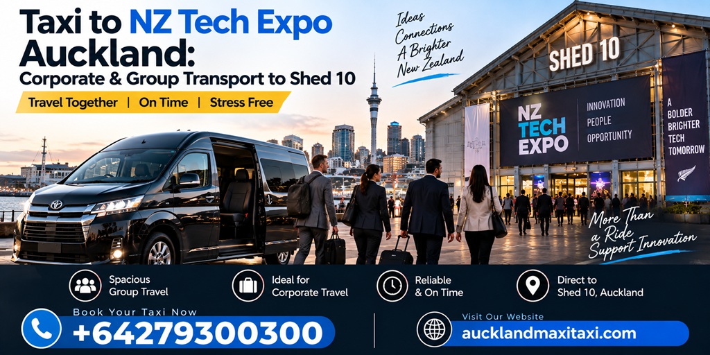 Taxi to NZ Tech Expo Auckland featuring corporate and group transport to Shed 10, Auckland waterfront, business travellers, maxi taxi, and booking number +64 279 300 300